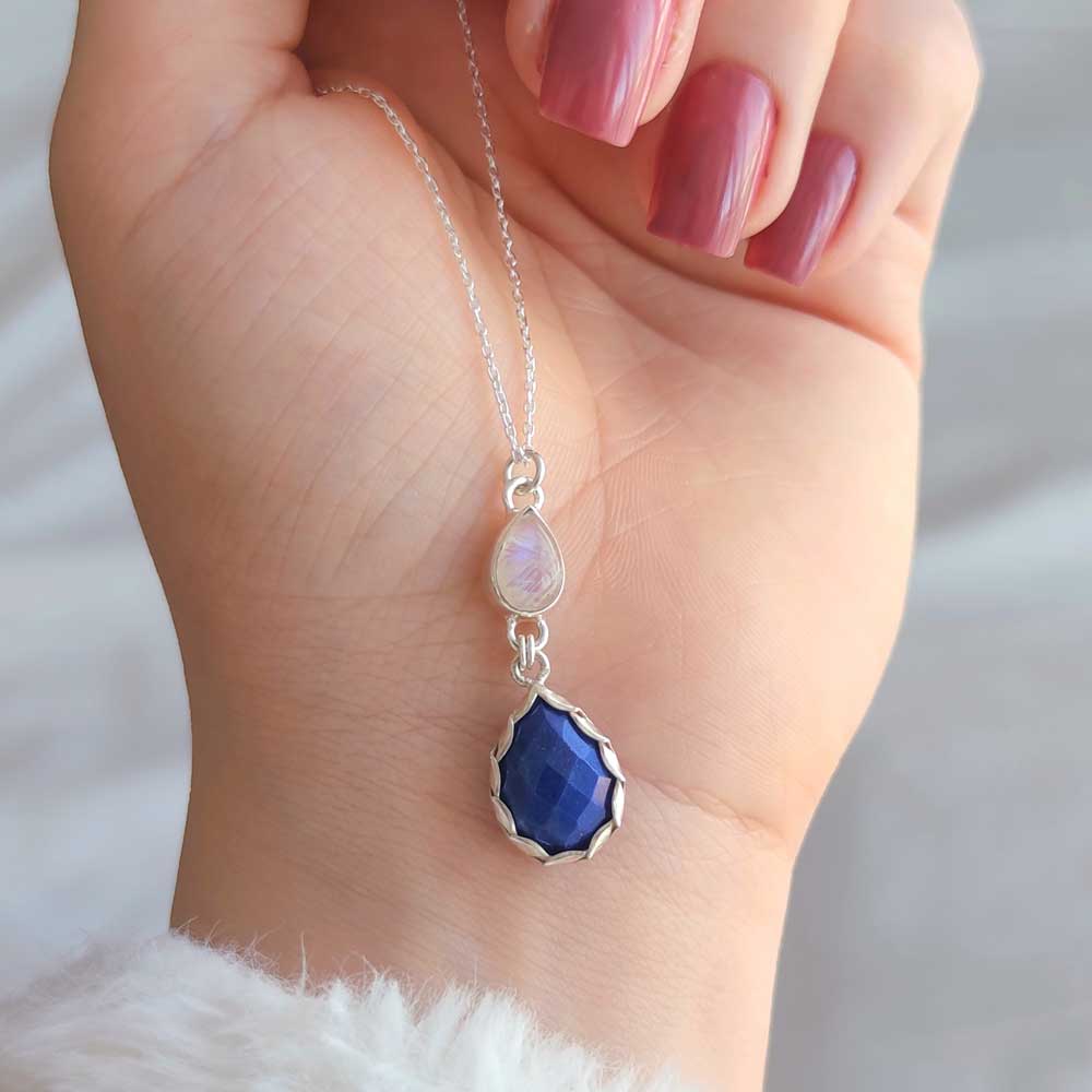 925 Silver Natural Lapis Lazuli & Moonstone Necklace - No : 1000