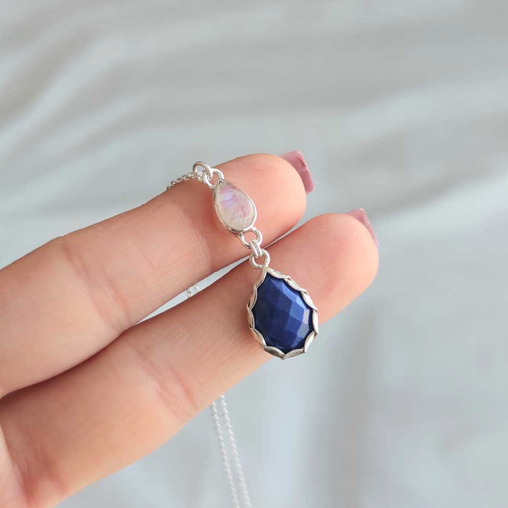 925 Silver Natural Lapis Lazuli & Moonstone Necklace - No : 1000