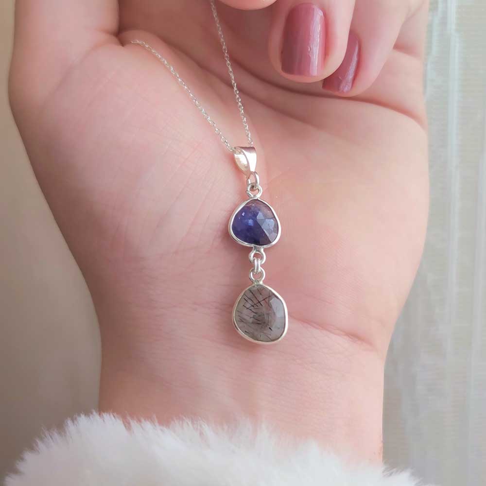 Multi Stone Pendant , 925 Silver Natural Rutilated Quartz & Blue Sapphire Stones Pendant