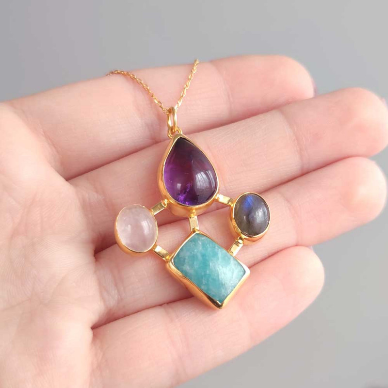 Multi Stone Pendant , 925 Silver Natural Amethyst , Rose Quartz , Amazonite & Labradorite Stone Pendant