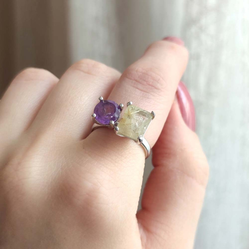 Multi Stone Ring , 925 Silver Natural Amethyst & Golden Rutilaed Quartz Stone Ring