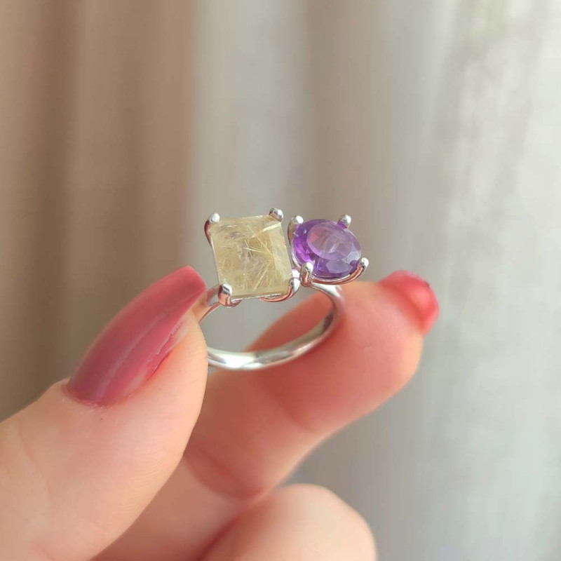 Multi Stone Ring , 925 Silver Natural Amethyst & Golden Rutilaed Quartz Stone Ring