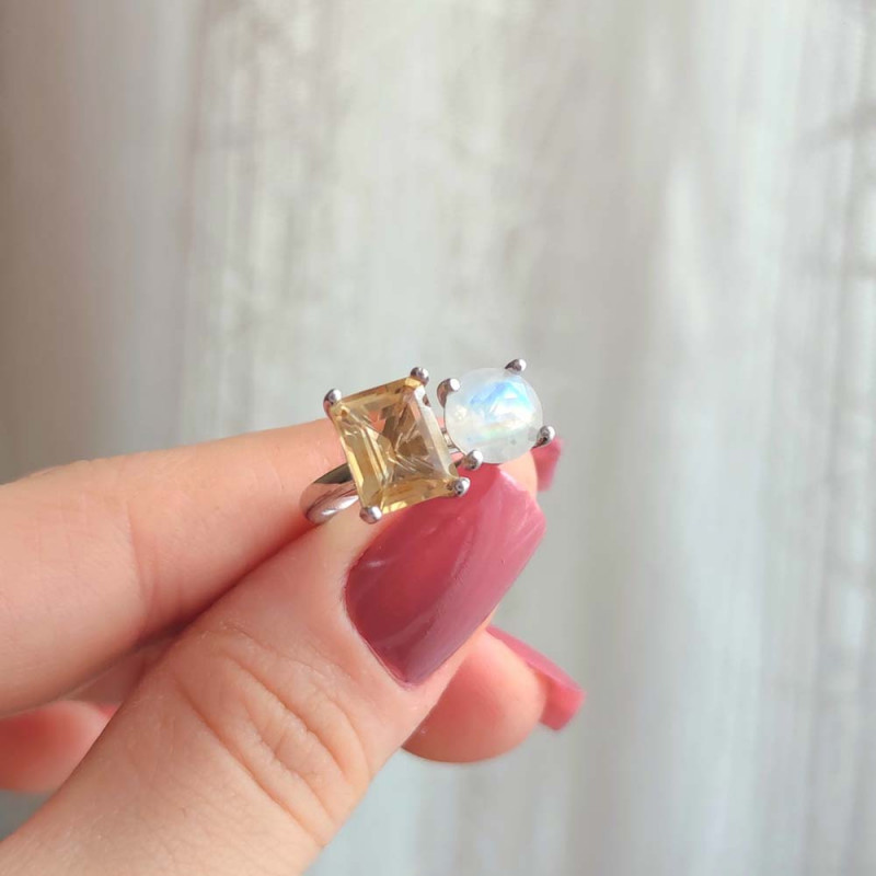 Multi Stone Ring , 925 Silver Natural Moonstone & Citrine Quartz Stone Ring