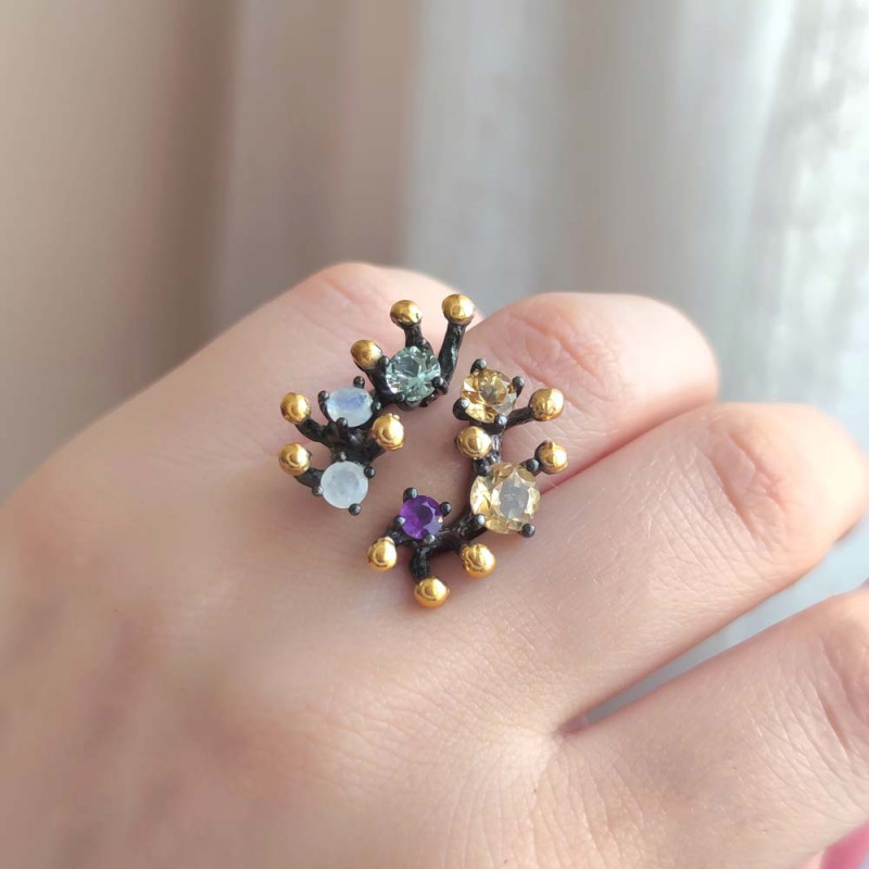 Multi Stone Ring , 925 Silver Natural Amethyst , Citrine , Moonstone & Aquamarine Stone Ring