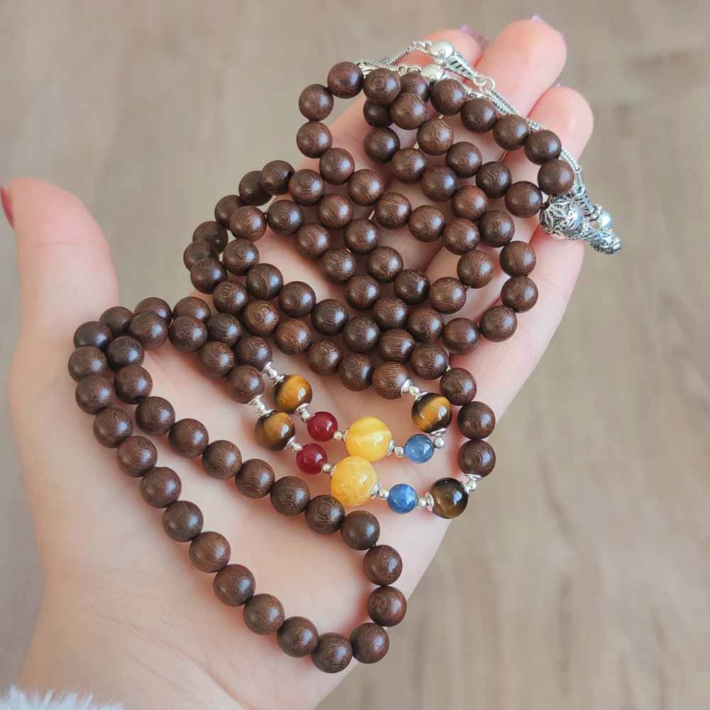 925 Sterling Silver Wenge Wood + Other Natural Stone Rosary