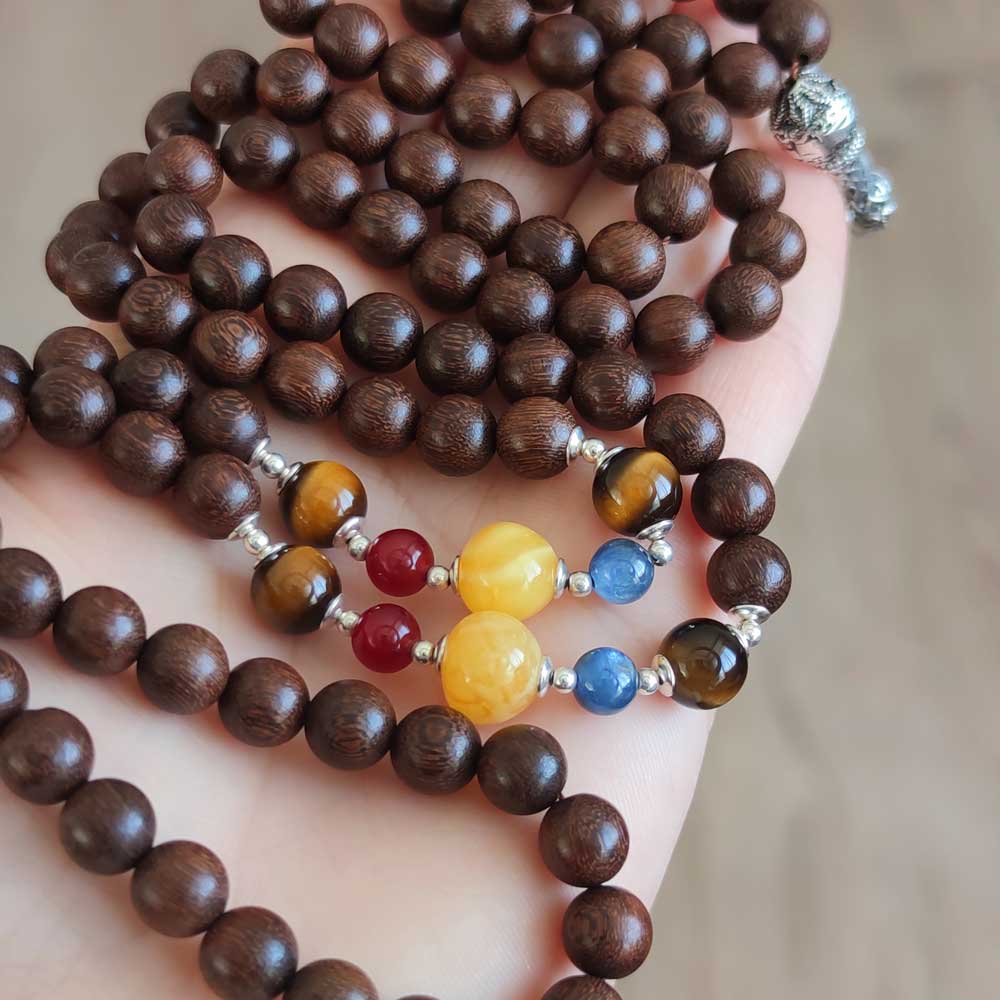 925 Sterling Silver Wenge Wood + Other Natural Stone Rosary