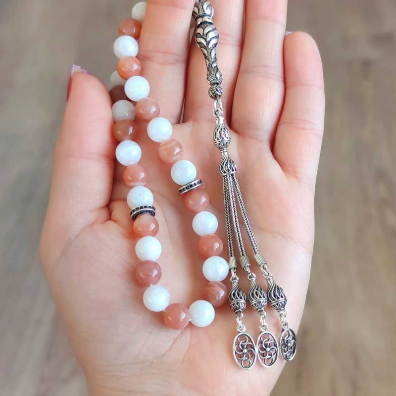 8mm White Moonstone & Brown Moonstone Rosary