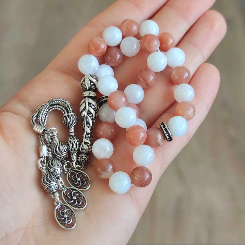 8mm White Moonstone & Brown Moonstone Rosary