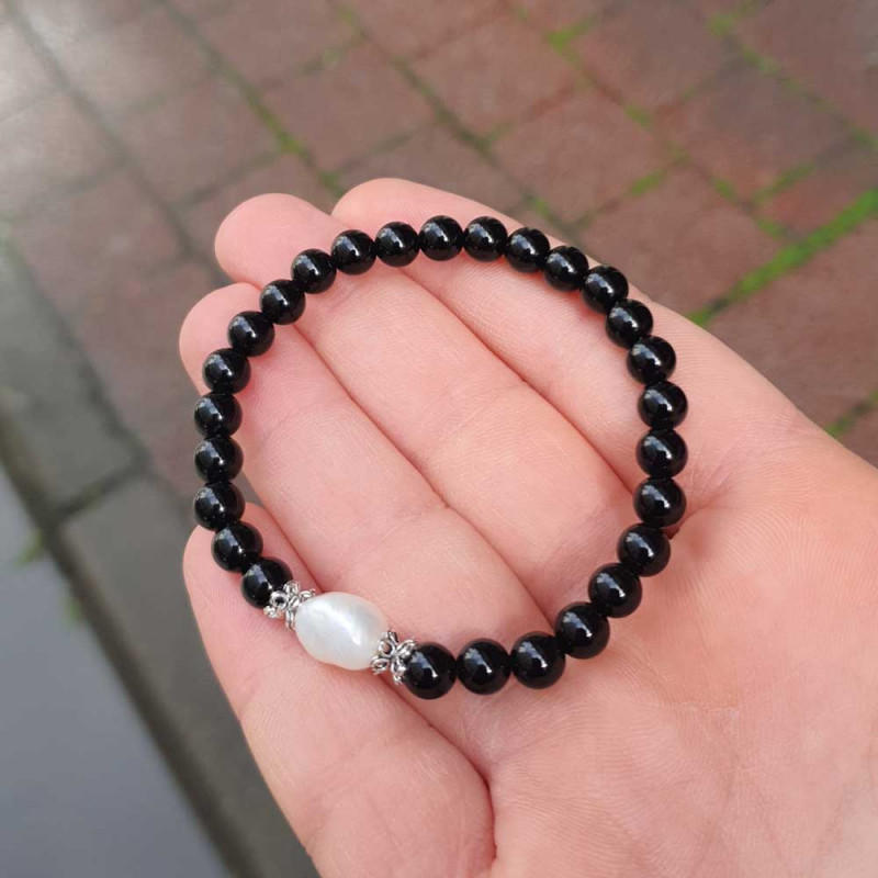 Natural Gemstone + Pearl Bracelet , 6mm Natural Black Onyx & Pearl Bracelet - No : BR0100