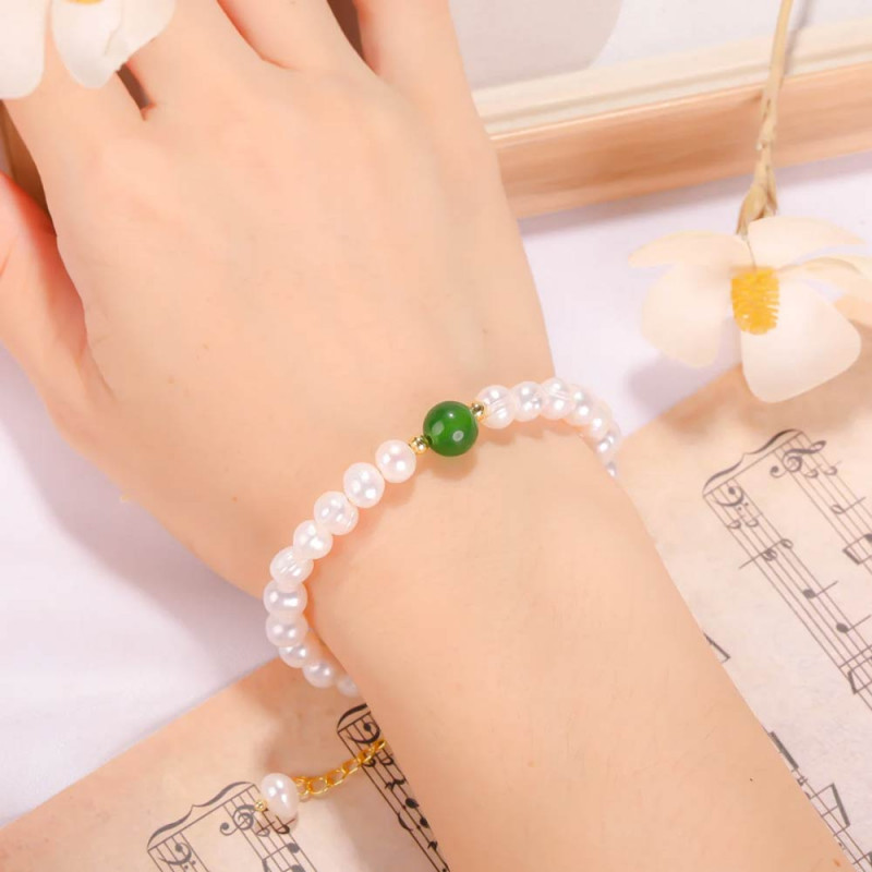 925 Sterling Silver Bracelet , White Pearl & Canadian Jade Bracelet