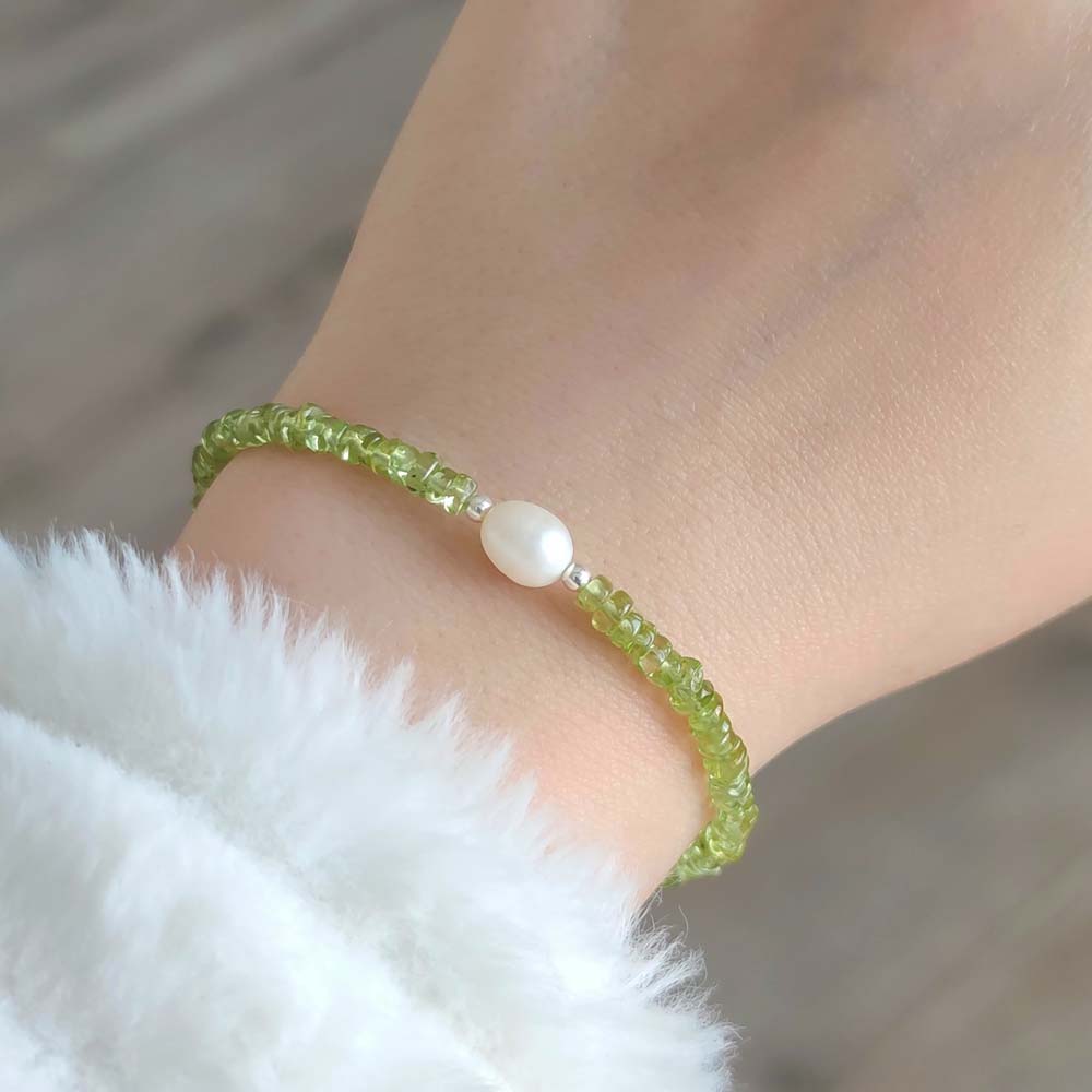 925 Sterling Silver Bracelet , Peridot Stone & White Pearl Bracelet