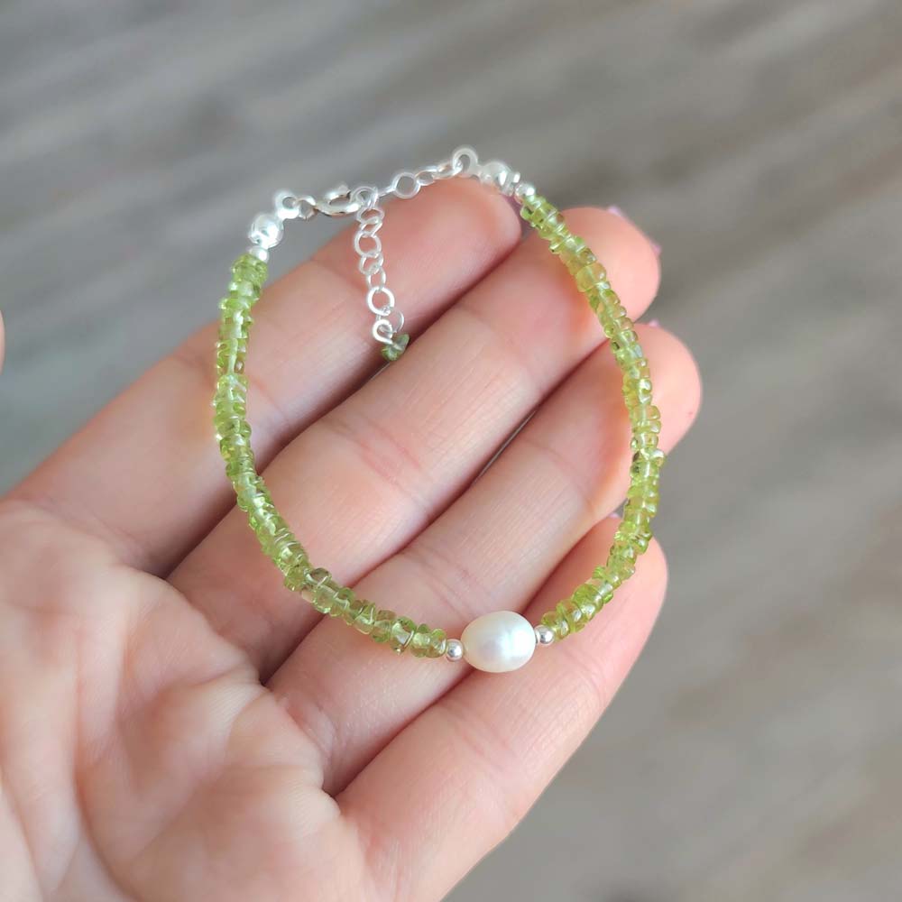 925 Sterling Silver Bracelet , Peridot Stone & White Pearl Bracelet