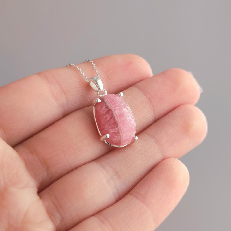 925 Silver Natural Rhodochrosite Stone Pendant - Oval Shape