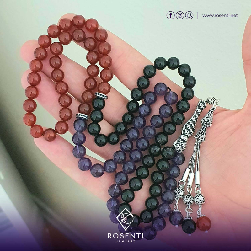 925 Silver 8mm Black Onyx , Red Agate & Amethyst Rosary