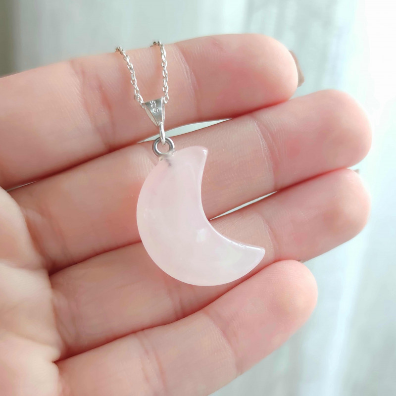 Natural Rose Quartz Stone Pendant - Crescent Shape