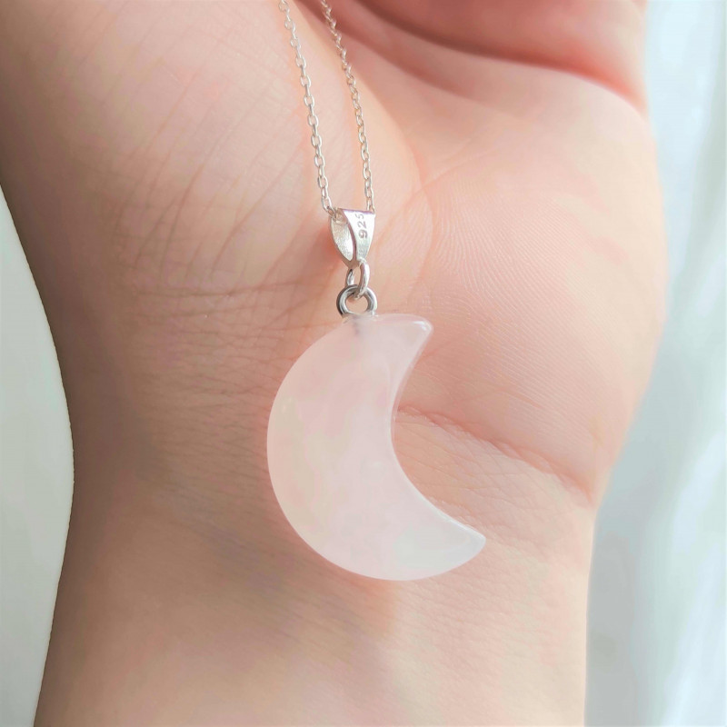 Natural Rose Quartz Stone Pendant - Crescent Shape