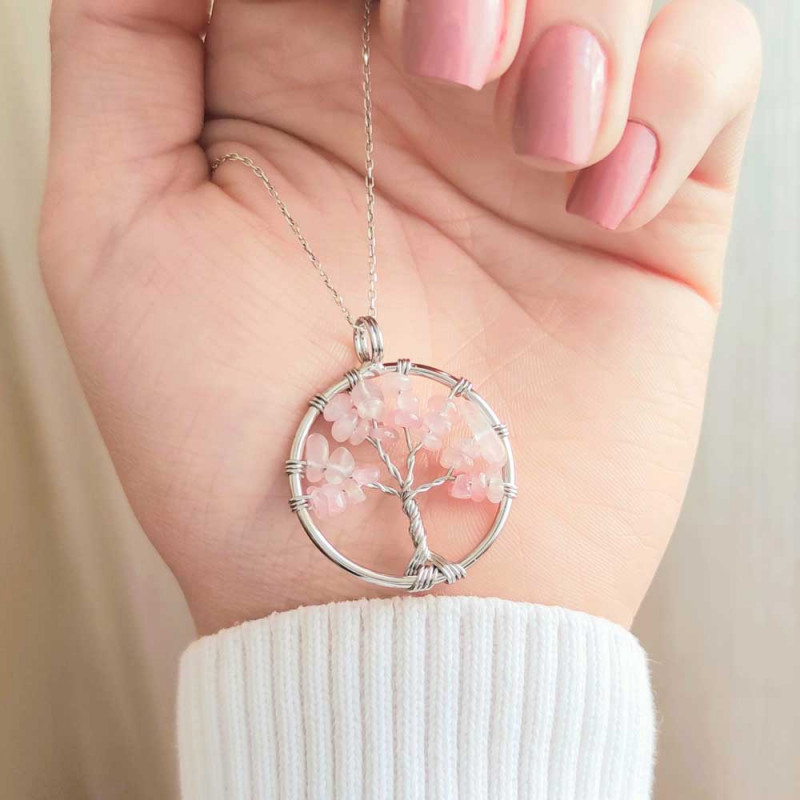 Natural Rose Quartz Stone Pendant - Tree Of life