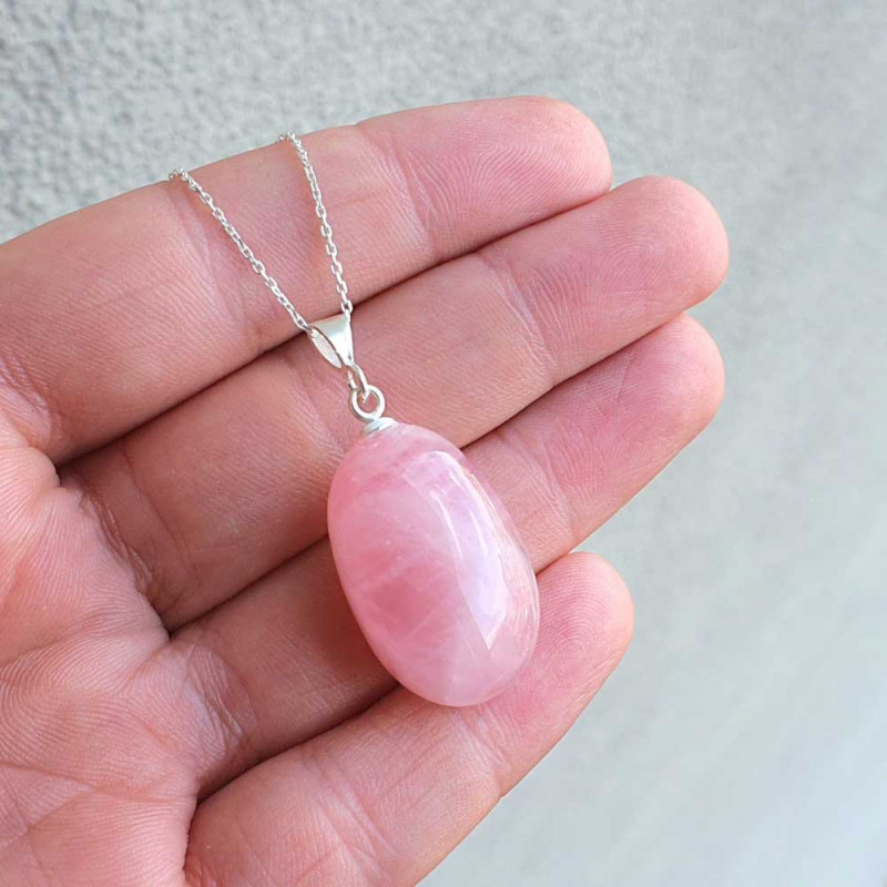 925 Silver Natural Rose Quartz Stone Pendant - Natural Shape