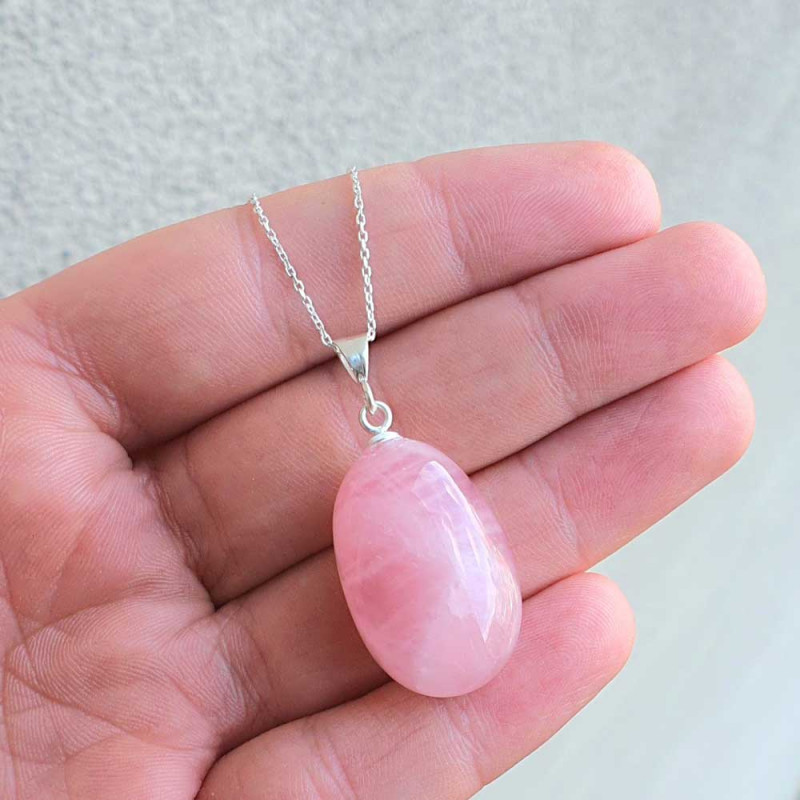 925 Silver Natural Rose Quartz Stone Pendant - Natural Shape