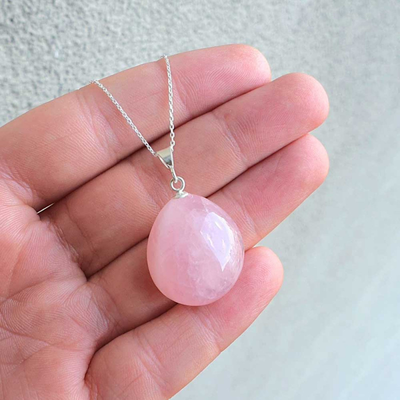 925 Silver Natural Rose Quartz Stone Pendant - Natural Shape