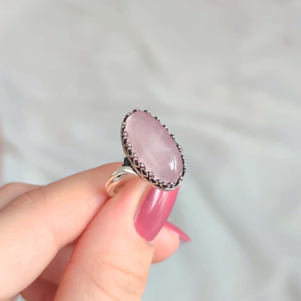 925 Silver Natural Rose Quartz Stone Ring - No : 3500