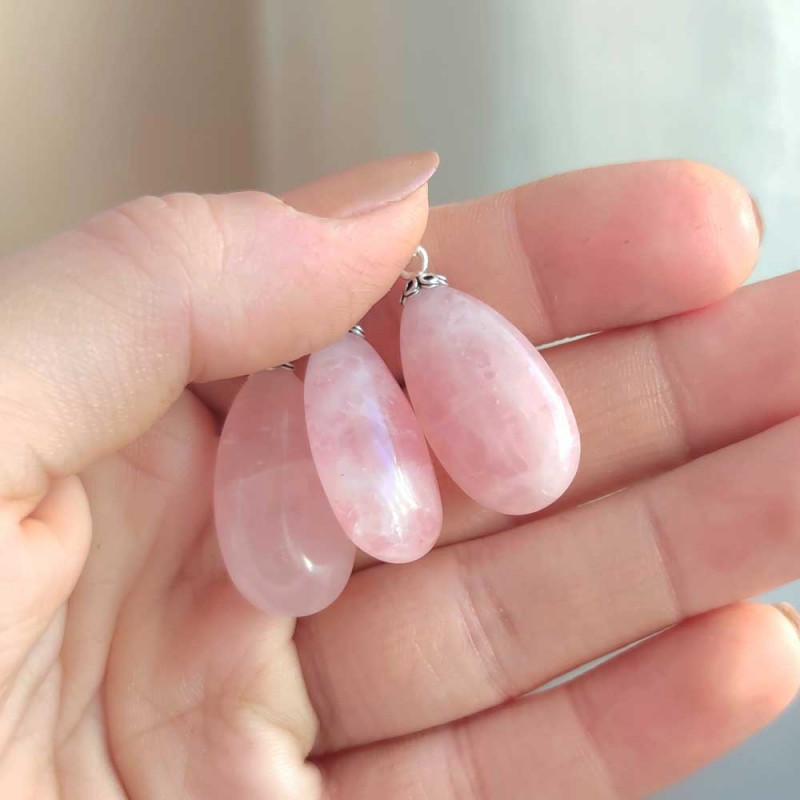 925 Silver Natural Rose Quartz Stone Pendant - Drop Natural Shape