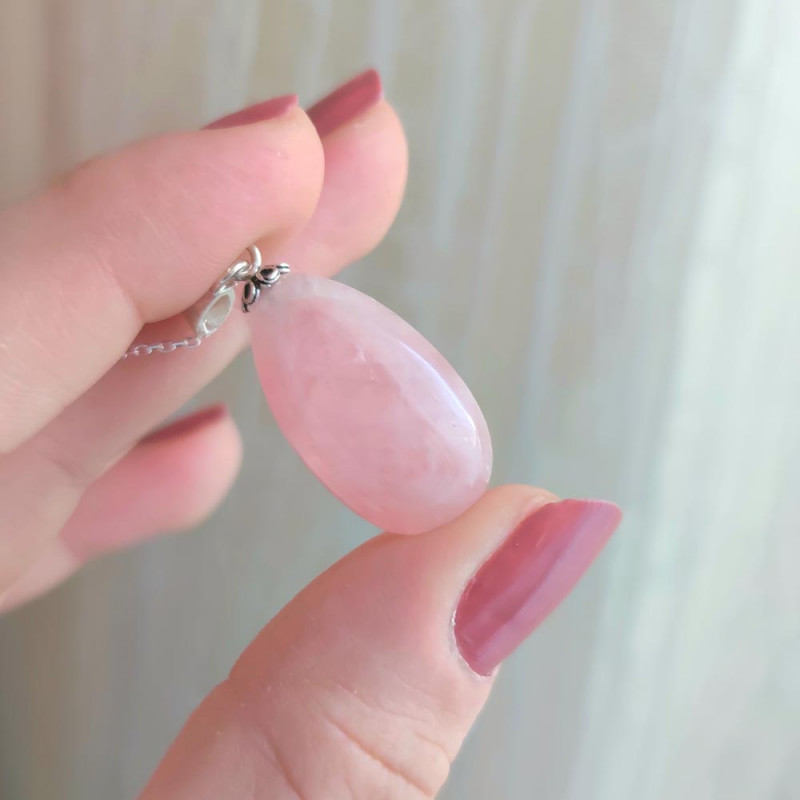 925 Silver Natural Rose Quartz Stone Pendant - Drop Natural Shape