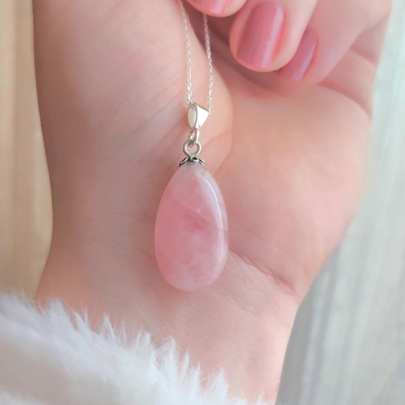 925 Silver Natural Rose Quartz Stone Pendant - Drop Natural Shape