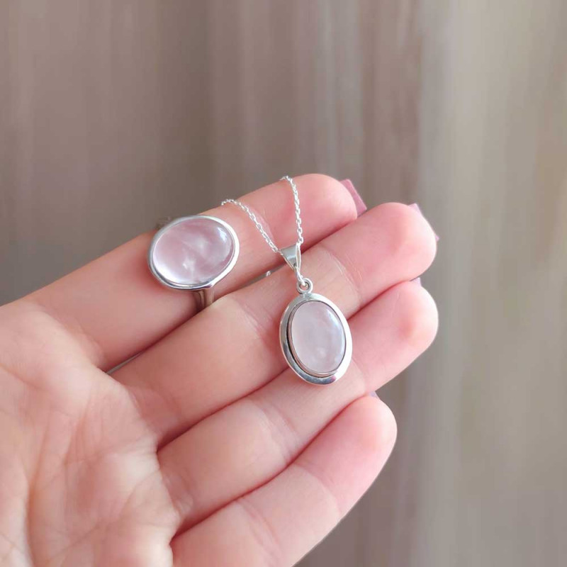 925 Silver Natural Rose Quartz Stone Set