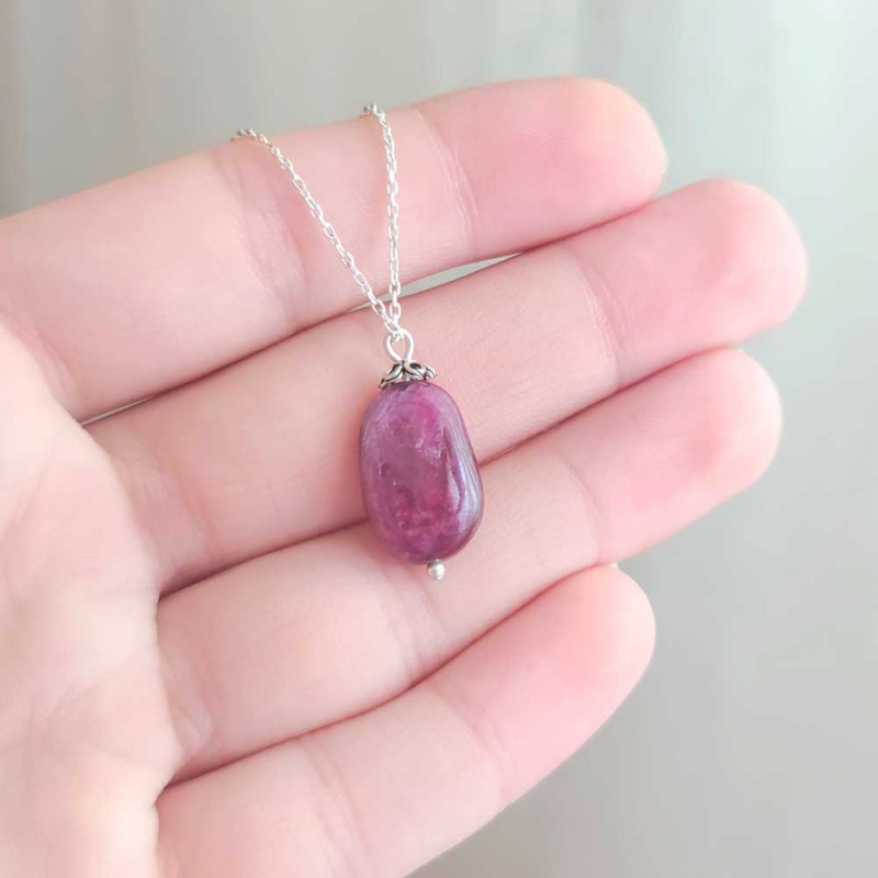 925 Silver Natural Red Ruby Stone Pendant - Natural Shape