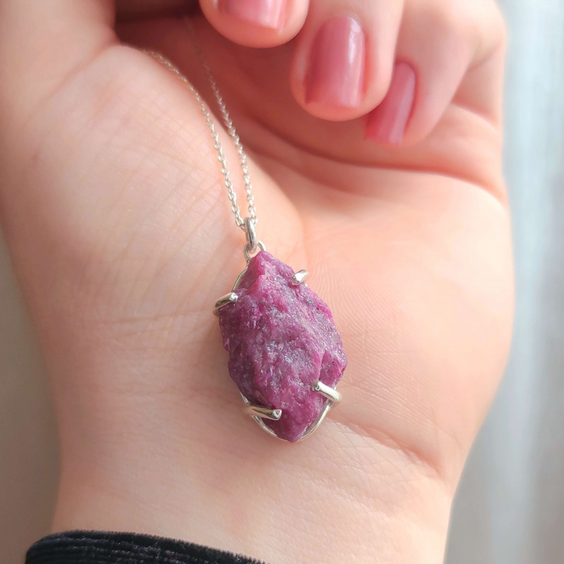 925 Silver Natural Red Ruby Stone Pendant - Raw Shape