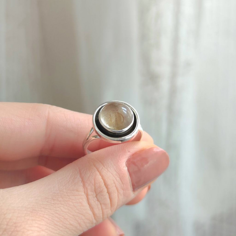 925 Silver Natural Golden Rutilated Quartz Stone Ring