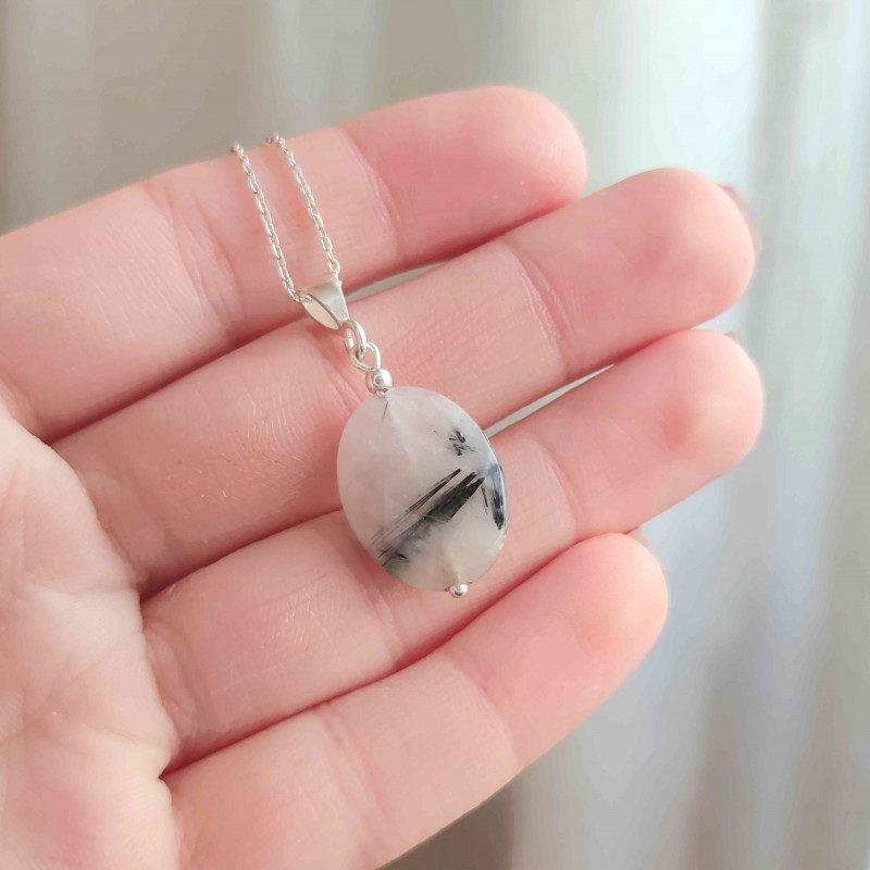 925 Silver Natural Black Rutilated Quartz Stone Pendant