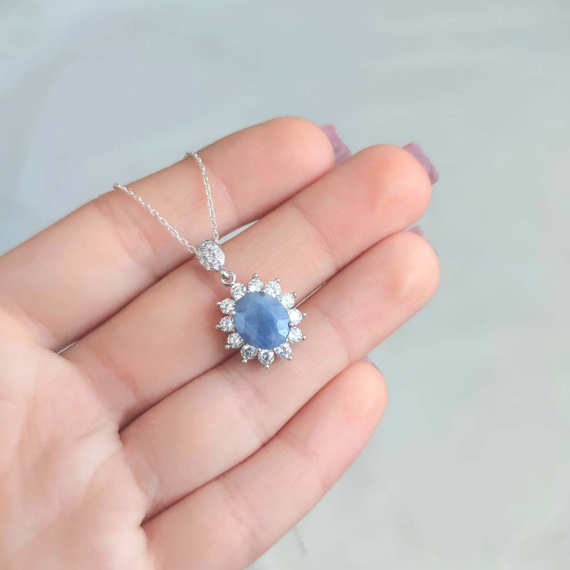 925 Sterling Silver Blue Sapphire stone Necklace - Zircon Around