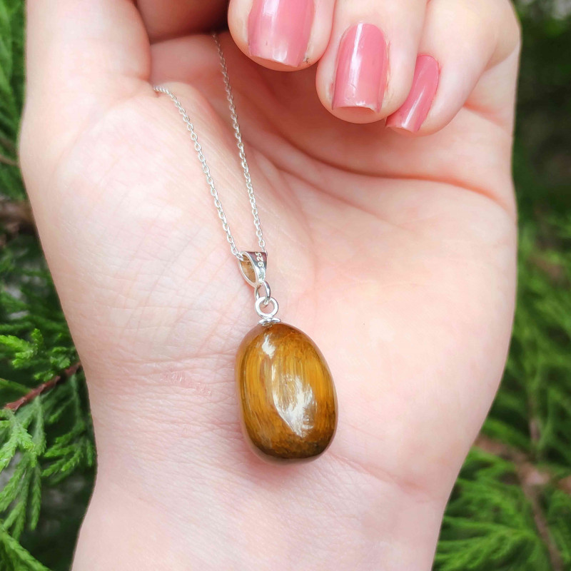 925 Silver Natural Tiger Eye Stone Pendant - Natural Shape