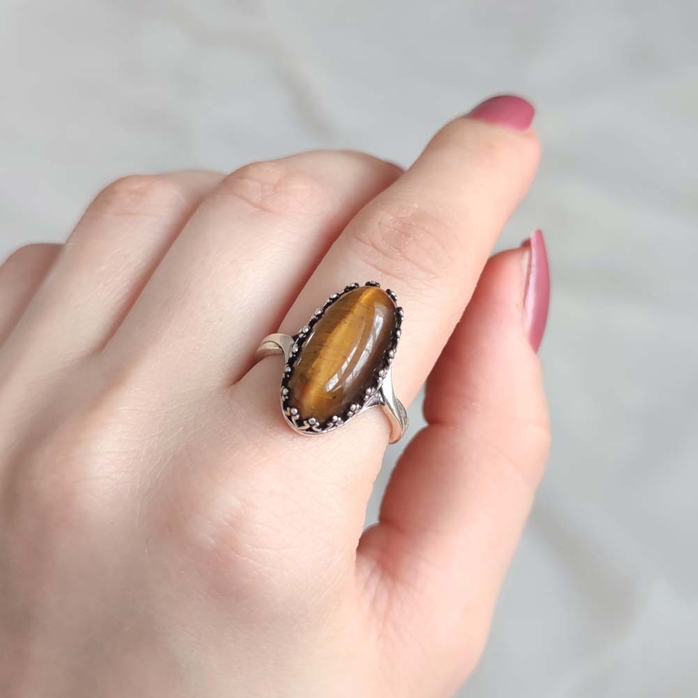 925 Silver Natural Tiger Eye Stone Ring - No: 3500