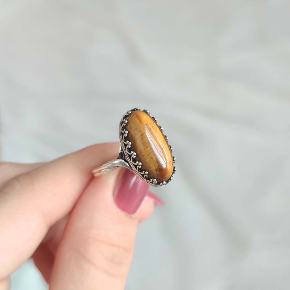 925 Silver Natural Tiger Eye Stone Ring - No: 3500