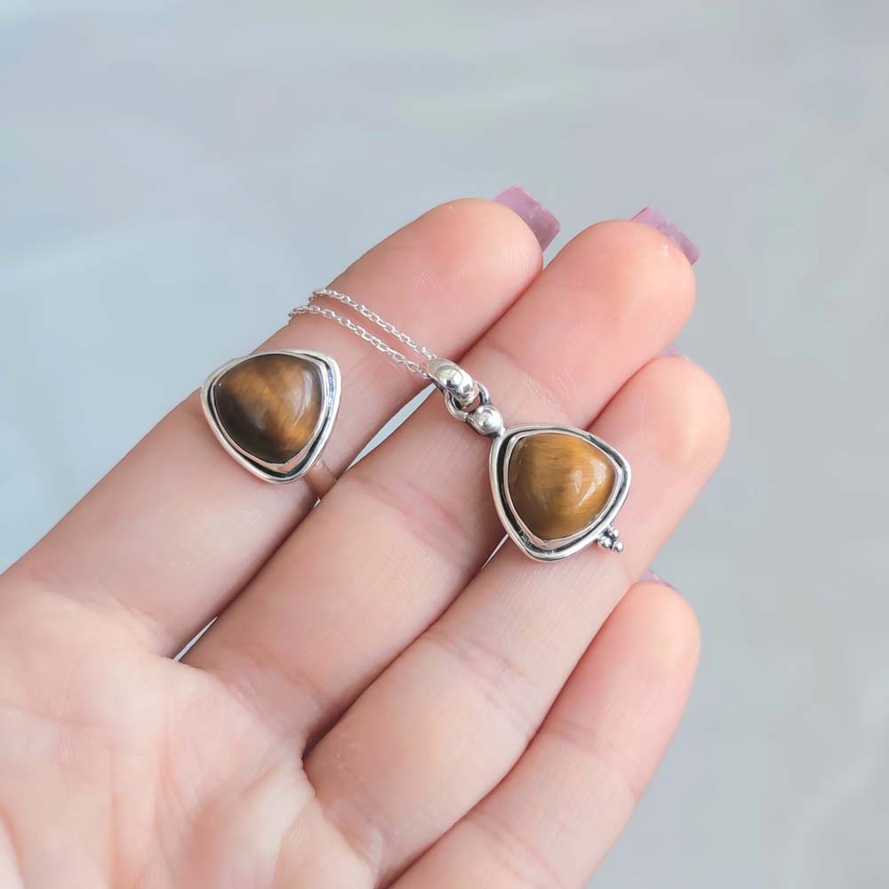 925 Silver Natural Tiger Eye Stone Set ( Necklace + Ring )