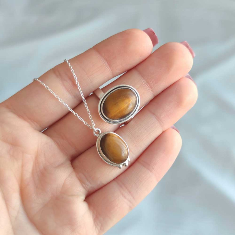 925 Silver Natural Tiger Eye Stone Set ( Necklace + Ring )