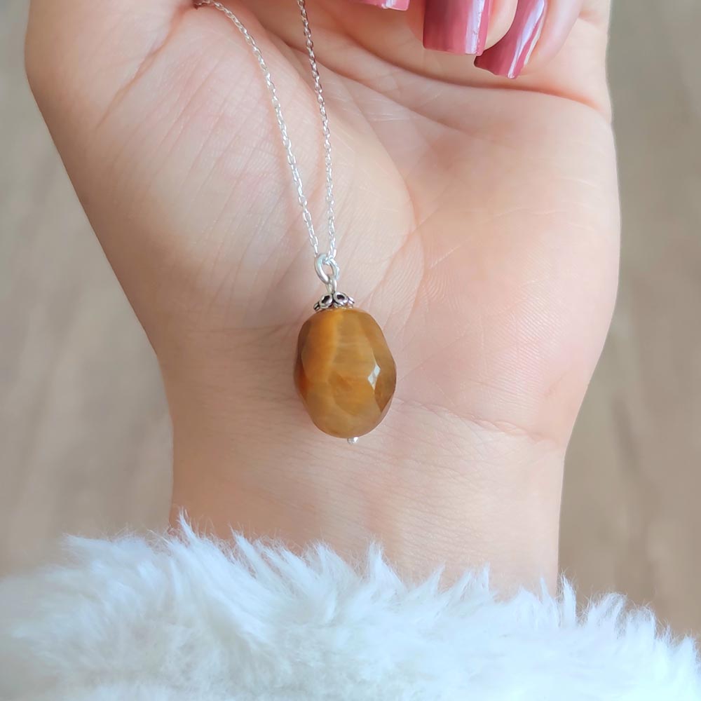 925 Silver Natural Tiger Eye Stone Pendant - Natural Shape