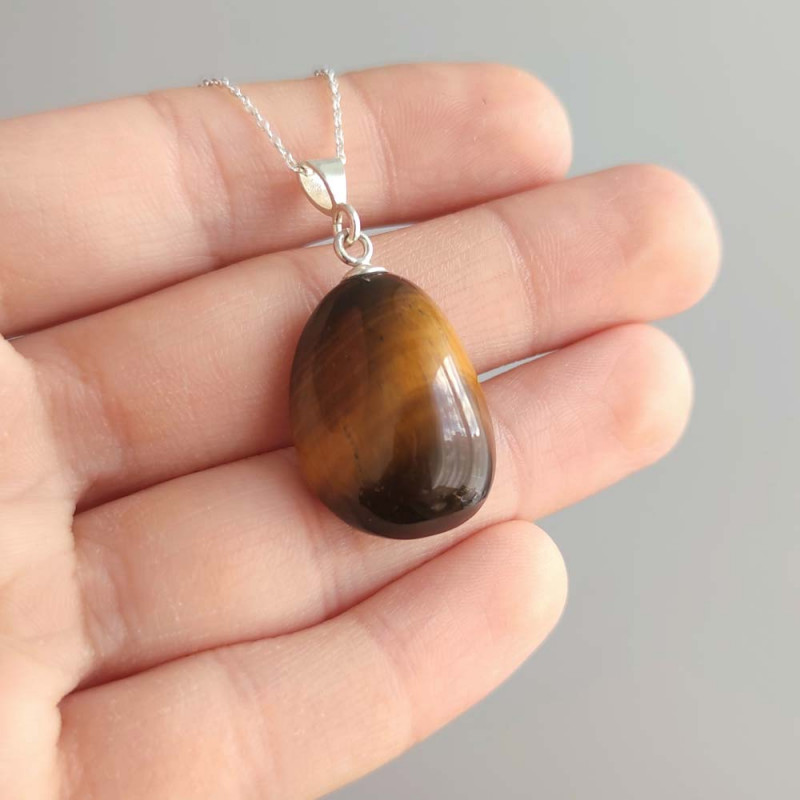 925 Silver Natural Tiger Eye Stone Pendant - Natural Shape