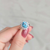 925 Silver Rare Blue Topaz Stone Ring - Zircon Around