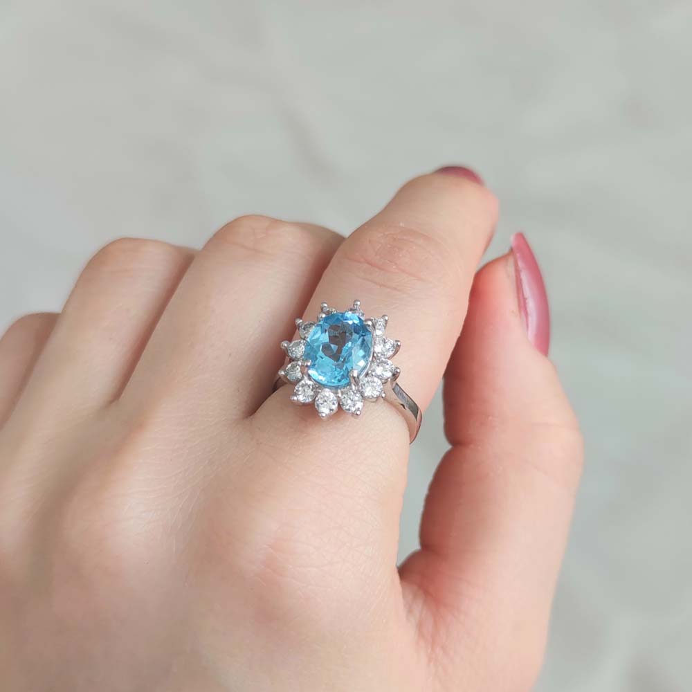 925 Silver Rare Blue Topaz Stone Ring - Zircon Around