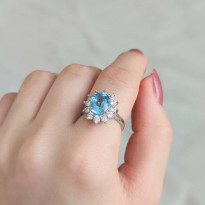 925 Silver Rare Blue Topaz Stone Ring - Zircon Around