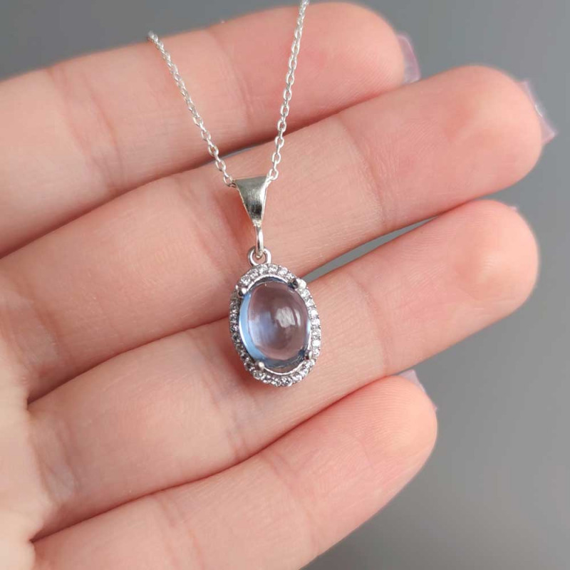 925 Silver Rare Blue Topaz Stone Pendant - Zircon Around