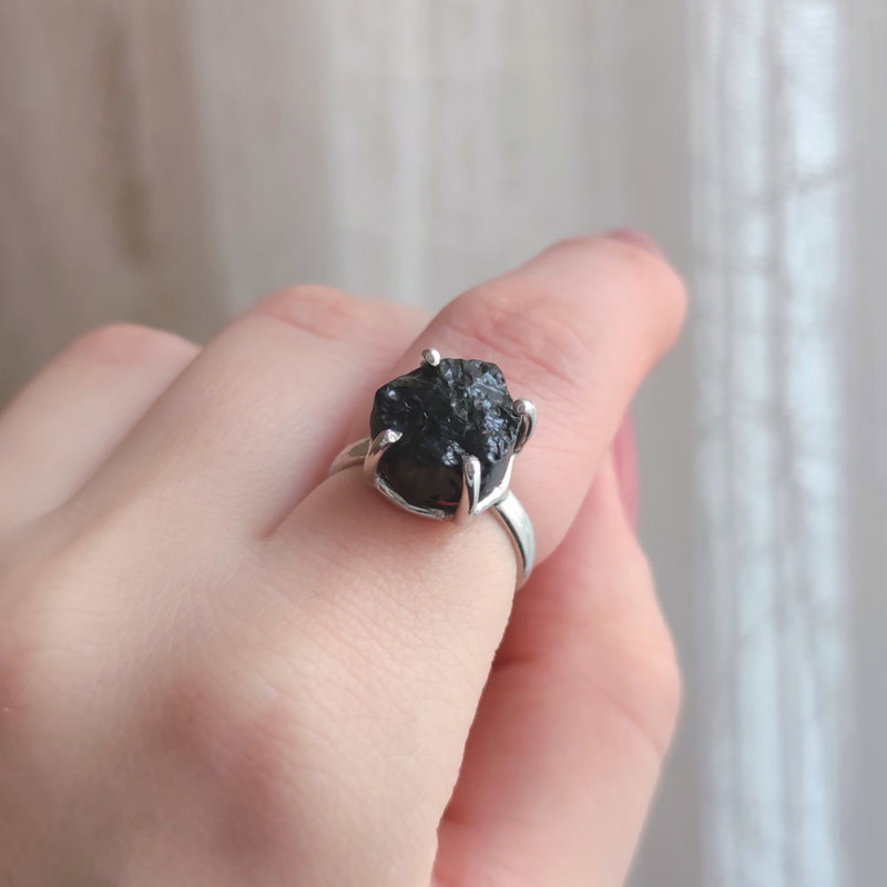 925 Silver Natural Black Tourmaline Ring - Raw Shape